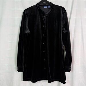 Vintage Black Velvet Button-Up Tunic Top with Mandarin Collar XL